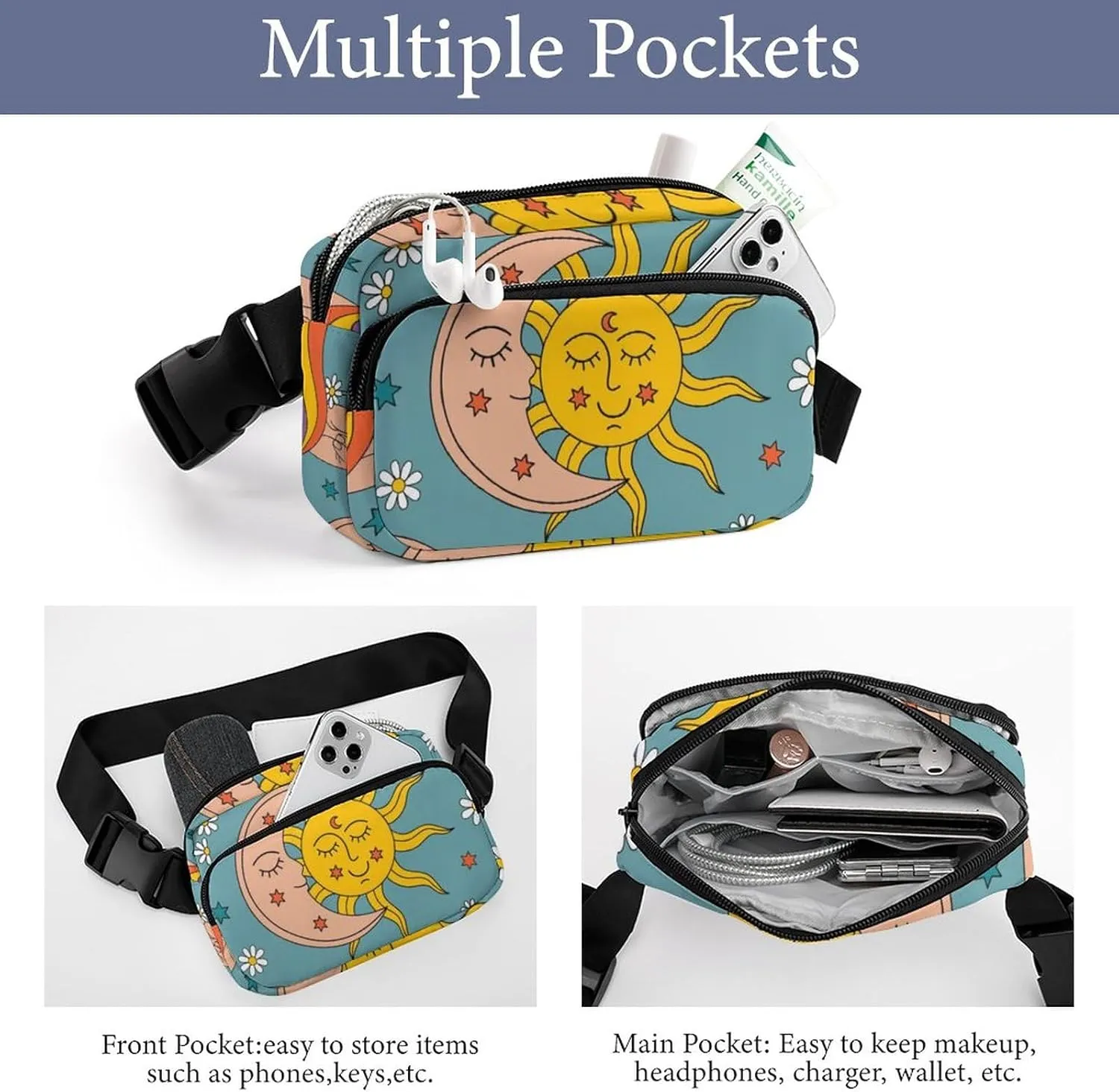 Fanny Packs Waist Pack for Women, Waterproof Stylish Waist Pack Adjustable Crossbody Bags, Retro Tarot Card Rainbow Moon Sun Small Belt Bag for Workout Running Traveling Hiking