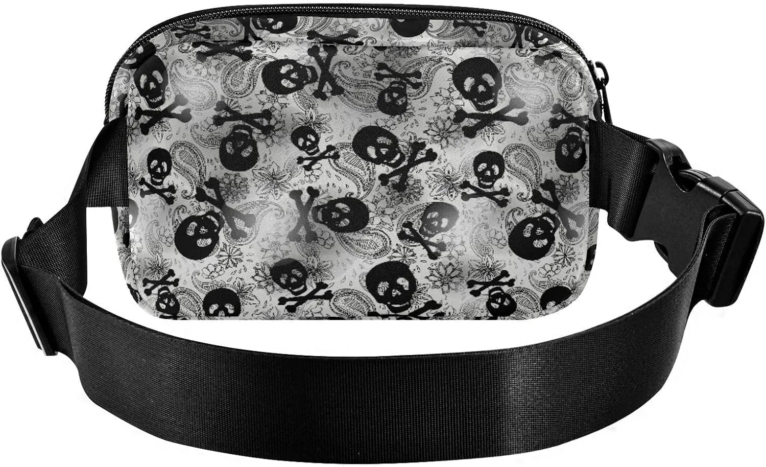 Fashion Waist Pack Crossbody Bags for Women Men with Adjustable Strap, Skulls Black Grey Paisley Mini Chest Bag Belt Bag for Run Travel Outdoor Cycling Hiking