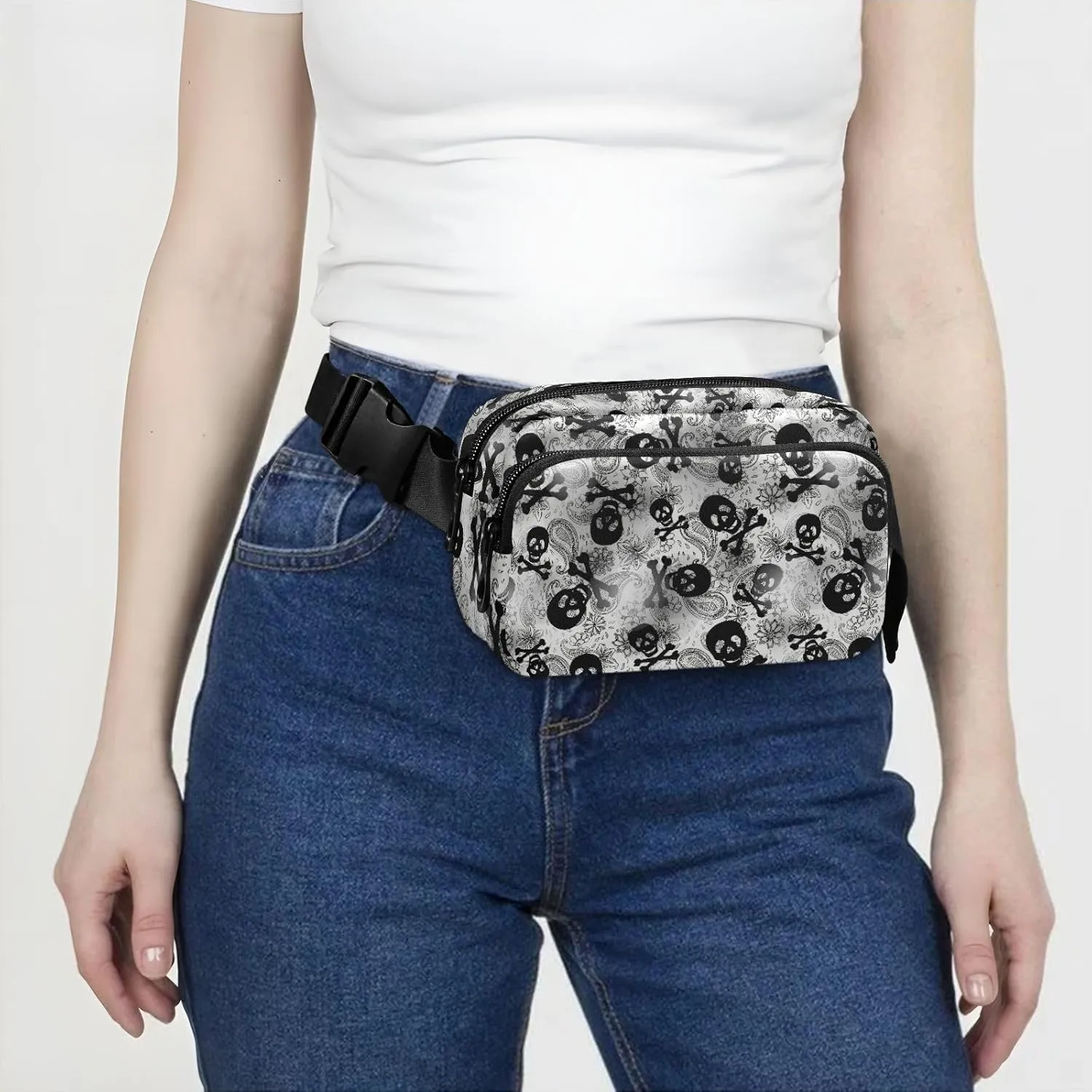 Fashion Waist Pack Crossbody Bags for Women Men with Adjustable Strap, Skulls Black Grey Paisley Mini Chest Bag Belt Bag for Run Travel Outdoor Cycling Hiking