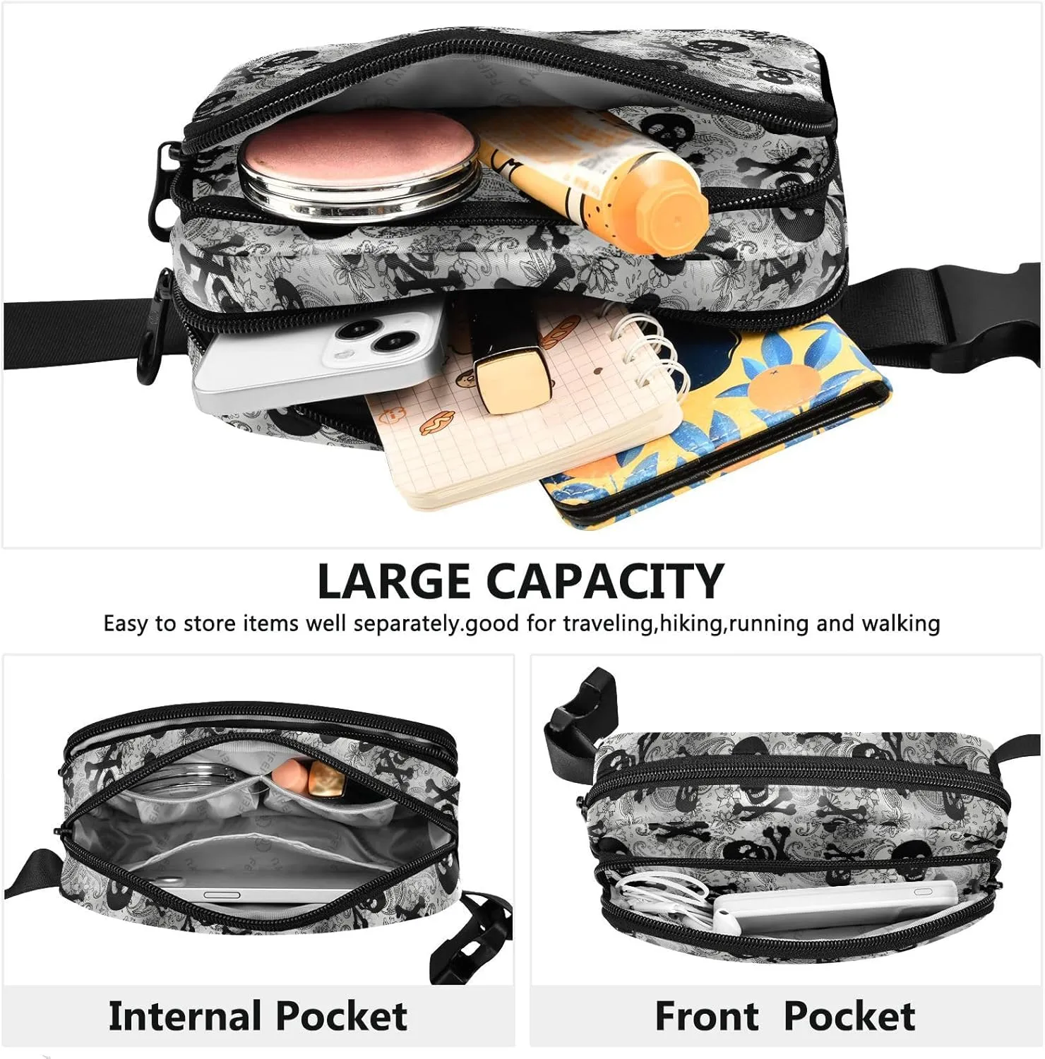 Fashion Waist Pack Crossbody Bags for Women Men with Adjustable Strap, Skulls Black Grey Paisley Mini Chest Bag Belt Bag for Run Travel Outdoor Cycling Hiking