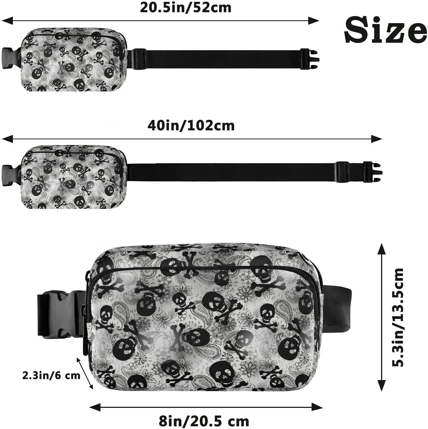 Fashion Waist Pack Crossbody Bags for Women Men with Adjustable Strap, Skulls Black Grey Paisley Mini Chest Bag Belt Bag for Run Travel Outdoor Cycling Hiking