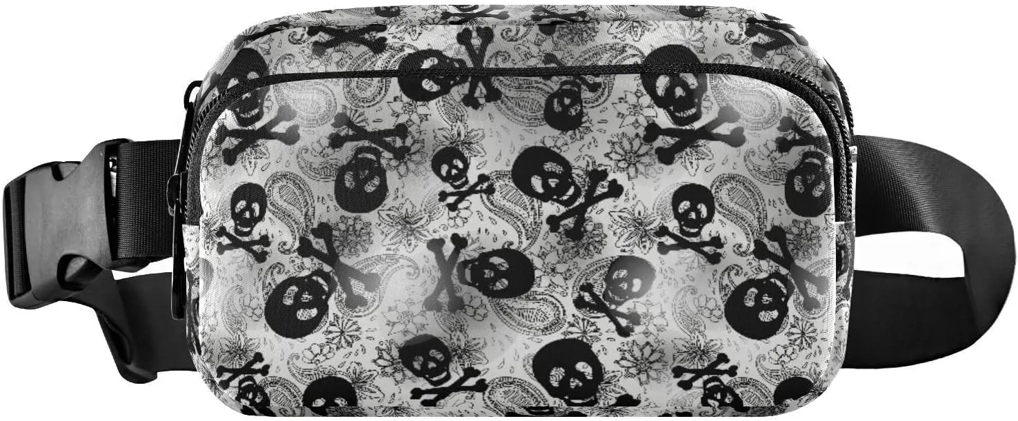 Fashion Waist Pack Crossbody Bags for Women Men with Adjustable Strap, Skulls Black Grey Paisley Mini Chest Bag Belt Bag for Run Travel Outdoor Cycling Hiking