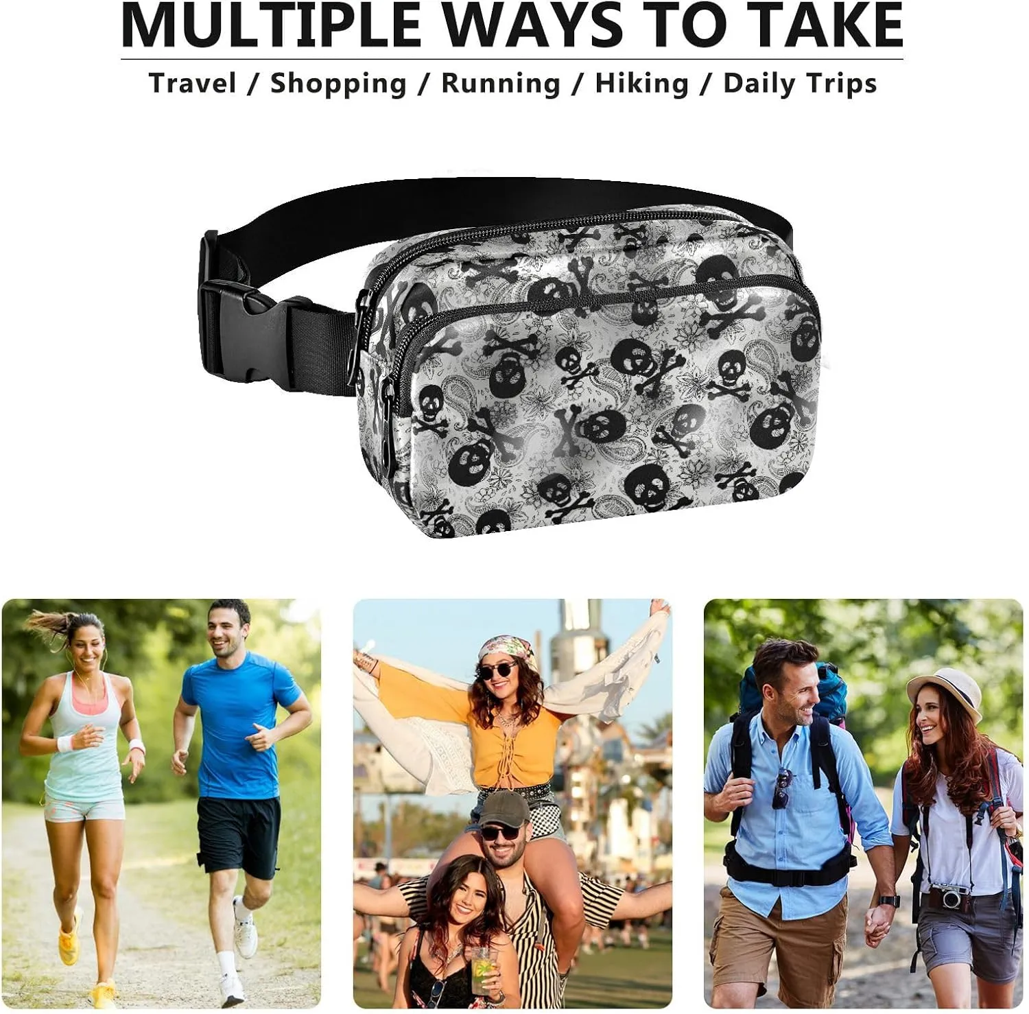 Fashion Waist Pack Crossbody Bags for Women Men with Adjustable Strap, Skulls Black Grey Paisley Mini Chest Bag Belt Bag for Run Travel Outdoor Cycling Hiking