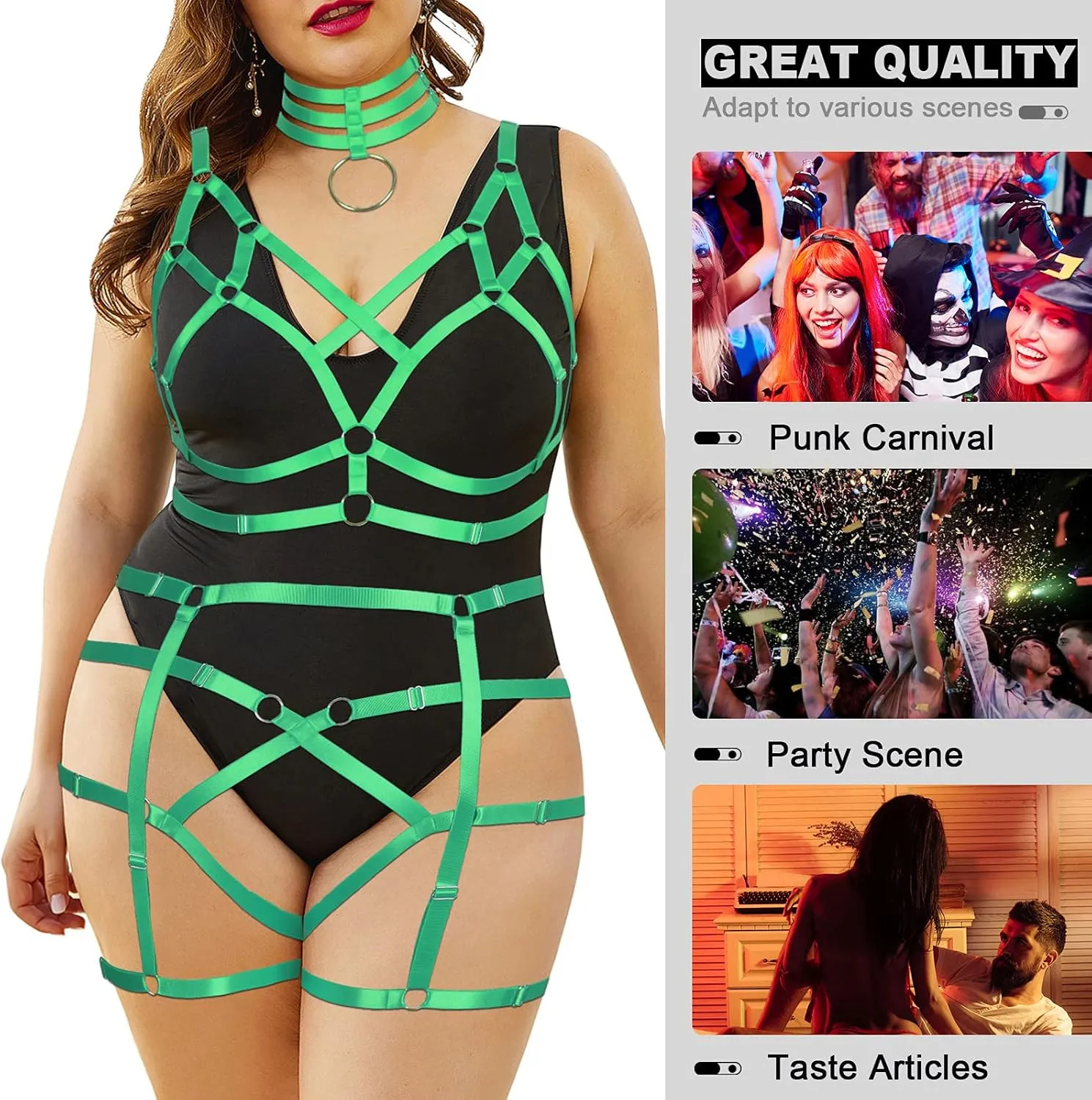 Fat Woman Body Harness Plus Size Hollow Out Strap Full Cage Bra Punk Leg Garter Belt Set Girl Rave Gothic