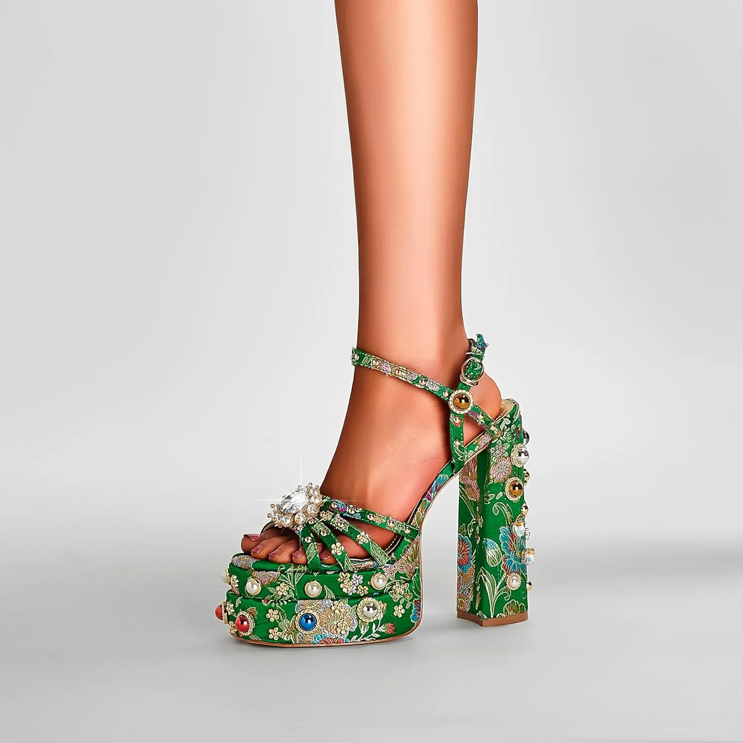 Feinlina Women Rhinestone High Chunky Platform Open Toe Block Heels Gems Detail Fashion Green Pink Floral Print Embroidery Ankle Strap Dress Wedding Party Pump Sandals
