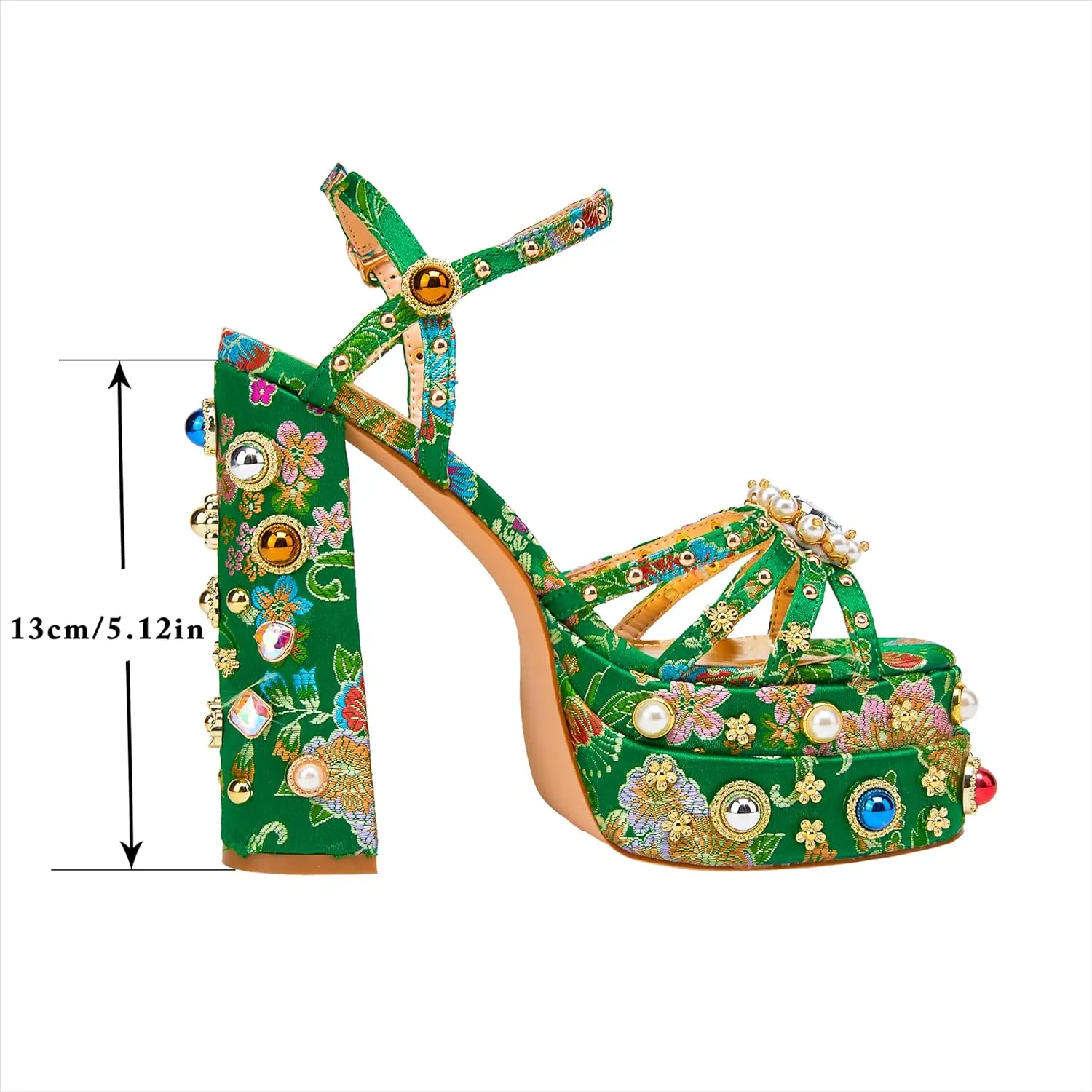 Feinlina Women Rhinestone High Chunky Platform Open Toe Block Heels Gems Detail Fashion Green Pink Floral Print Embroidery Ankle Strap Dress Wedding Party Pump Sandals