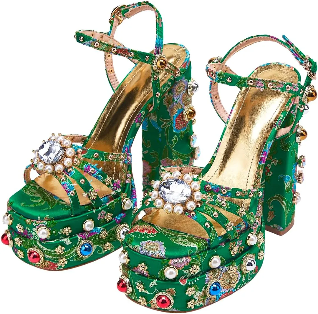 Feinlina Women Rhinestone High Chunky Platform Open Toe Block Heels Gems Detail Fashion Green Pink Floral Print Embroidery Ankle Strap Dress Wedding Party Pump Sandals