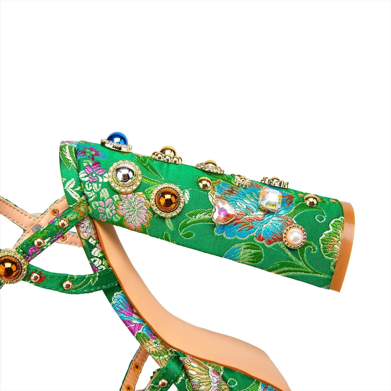 Feinlina Women Rhinestone High Chunky Platform Open Toe Block Heels Gems Detail Fashion Green Pink Floral Print Embroidery Ankle Strap Dress Wedding Party Pump Sandals