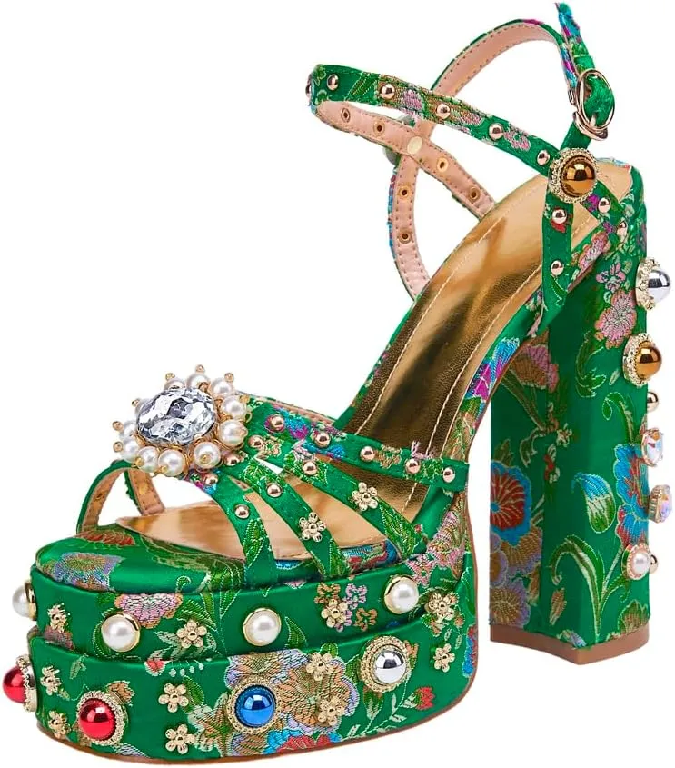 Feinlina Women Rhinestone High Chunky Platform Open Toe Block Heels Gems Detail Fashion Green Pink Floral Print Embroidery Ankle Strap Dress Wedding Party Pump Sandals