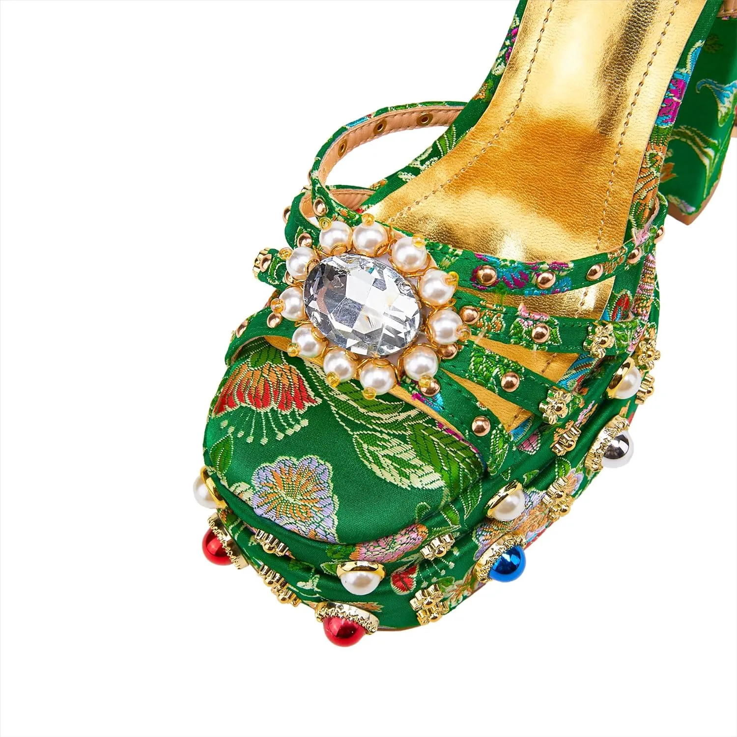 Feinlina Women Rhinestone High Chunky Platform Open Toe Block Heels Gems Detail Fashion Green Pink Floral Print Embroidery Ankle Strap Dress Wedding Party Pump Sandals