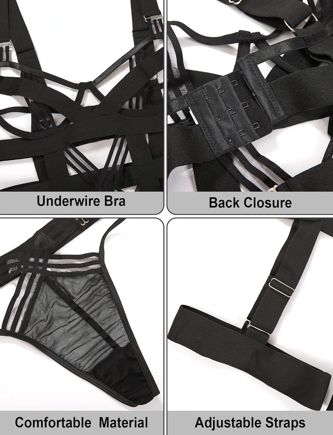 FEOYA Women Strappy Harness Lingerie Set Hollow Out Garter Belt Set with Thongs Teddy Babydoll Bodysuit