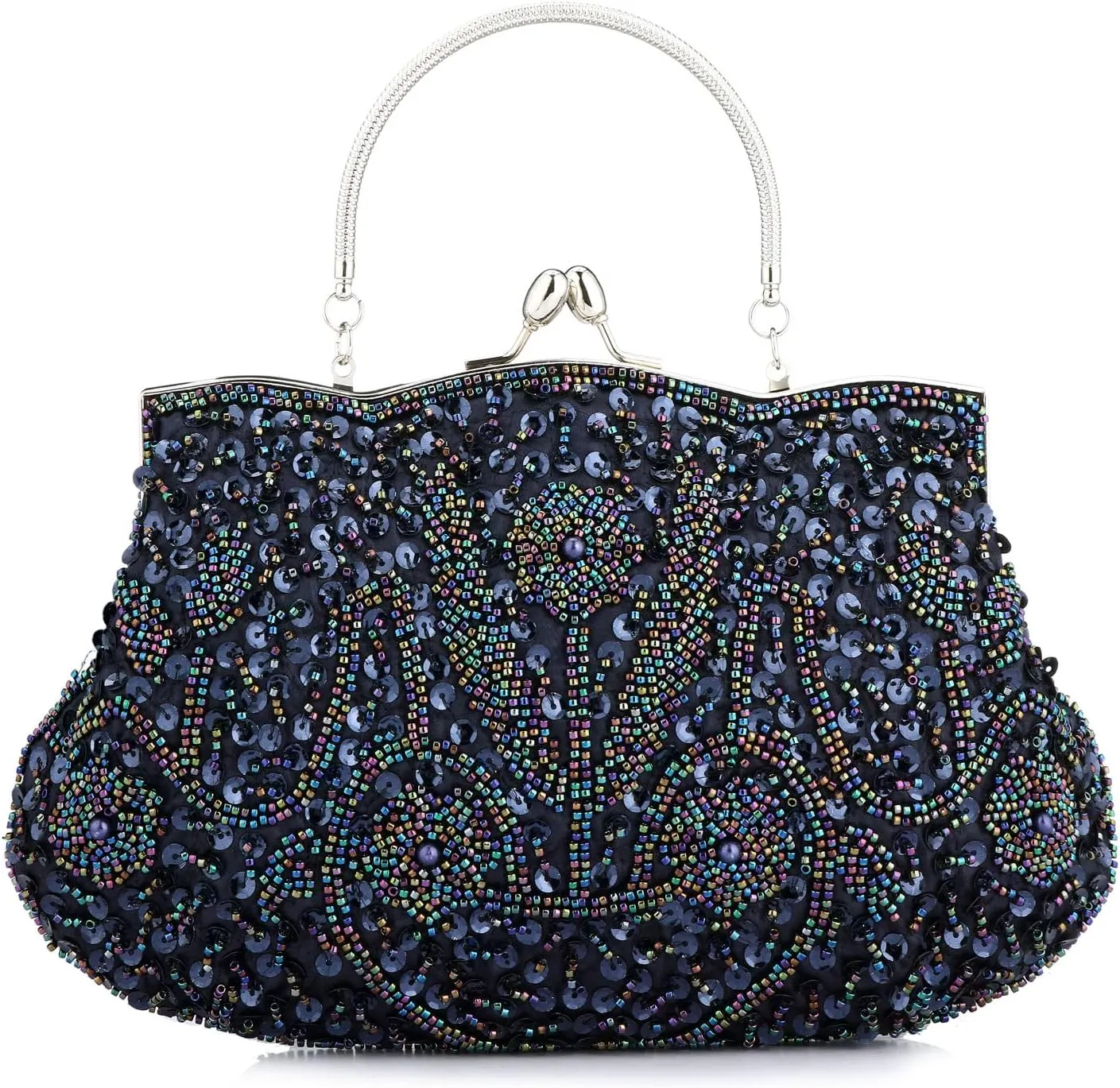 Floral Designer Evening Bag Beaded Sequin Design Vintage Kissing Lock Satin Clutch Purse Bag Wedding Party Clutch