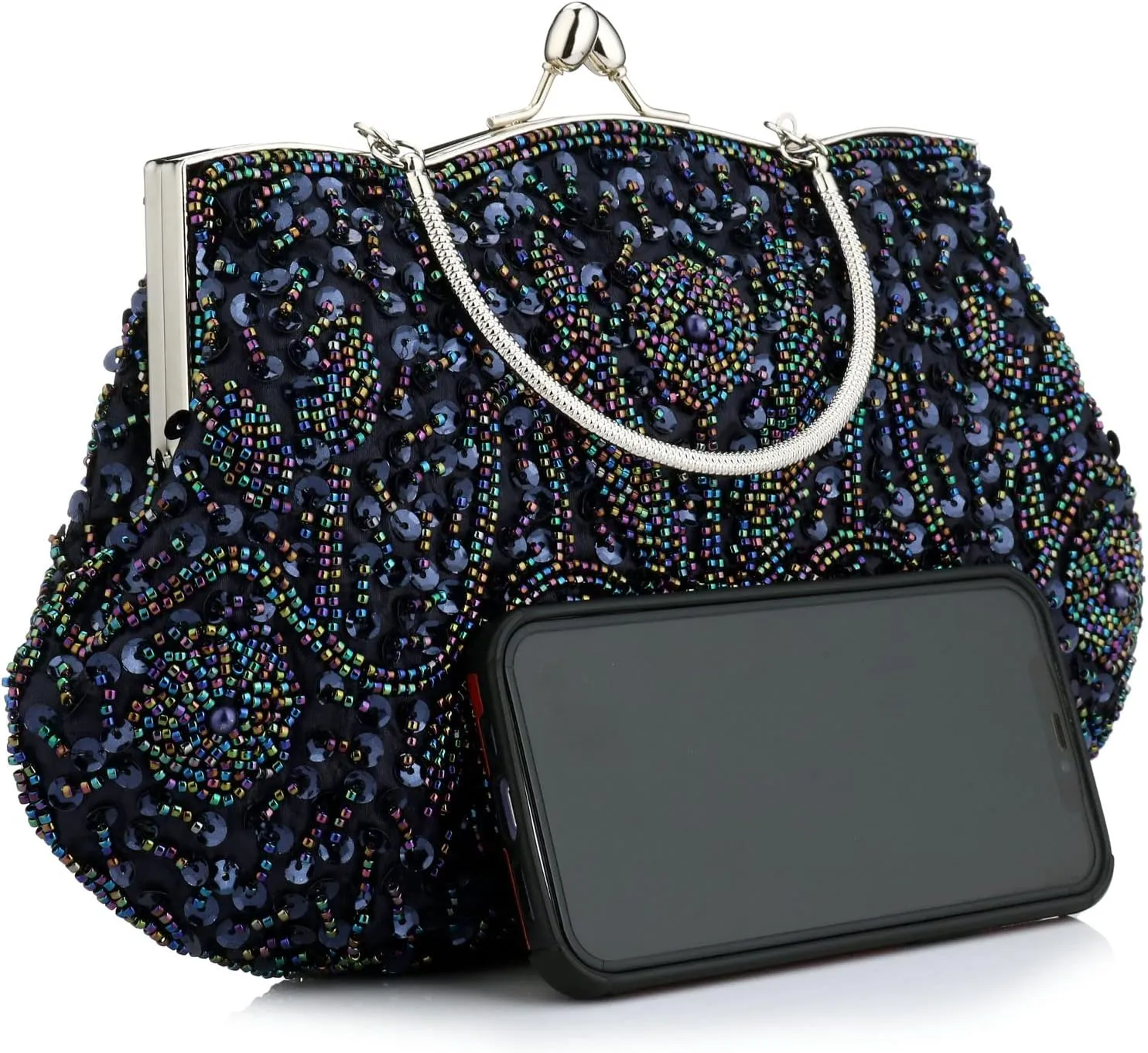 Floral Designer Evening Bag Beaded Sequin Design Vintage Kissing Lock Satin Clutch Purse Bag Wedding Party Clutch