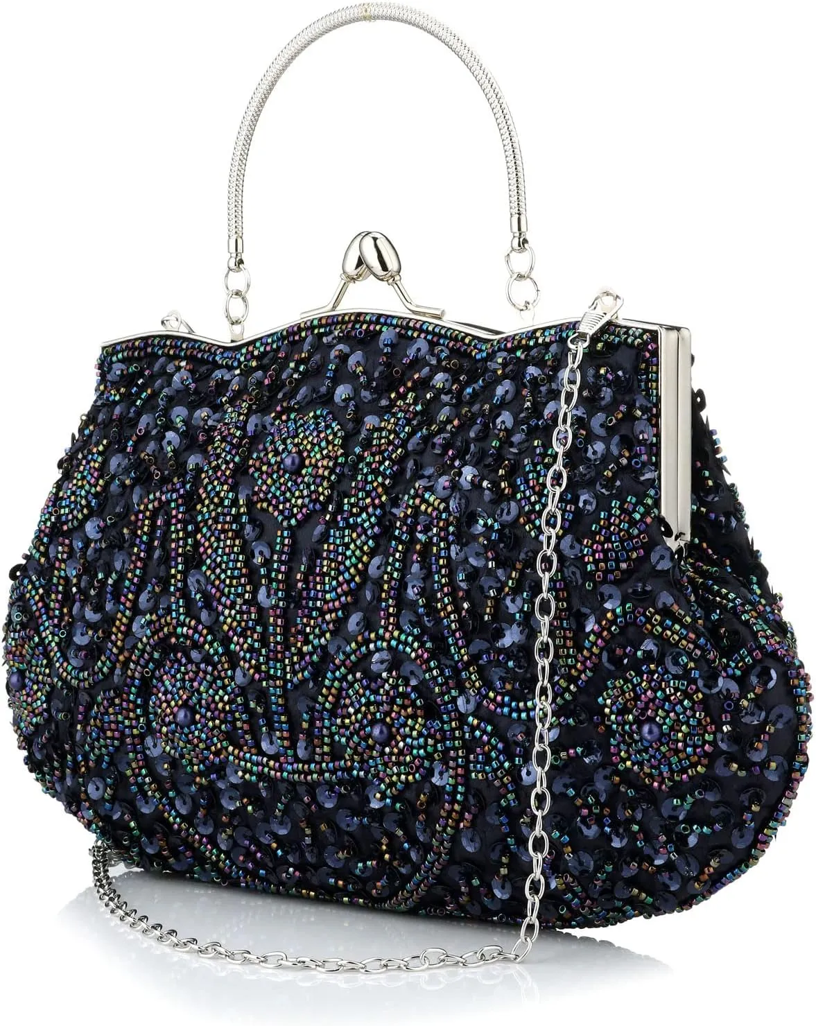 Floral Designer Evening Bag Beaded Sequin Design Vintage Kissing Lock Satin Clutch Purse Bag Wedding Party Clutch
