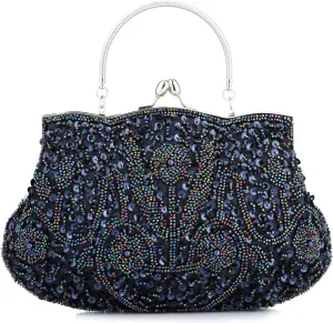 Floral Designer Evening Bag Beaded Sequin Design Vintage Kissing Lock Satin Clutch Purse Bag Wedding Party Clutch