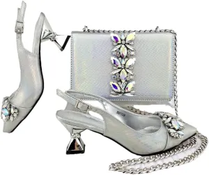 Floral Rhinestone Italian Heels Sandals Diamond Decorative Women Shoes Bag Set