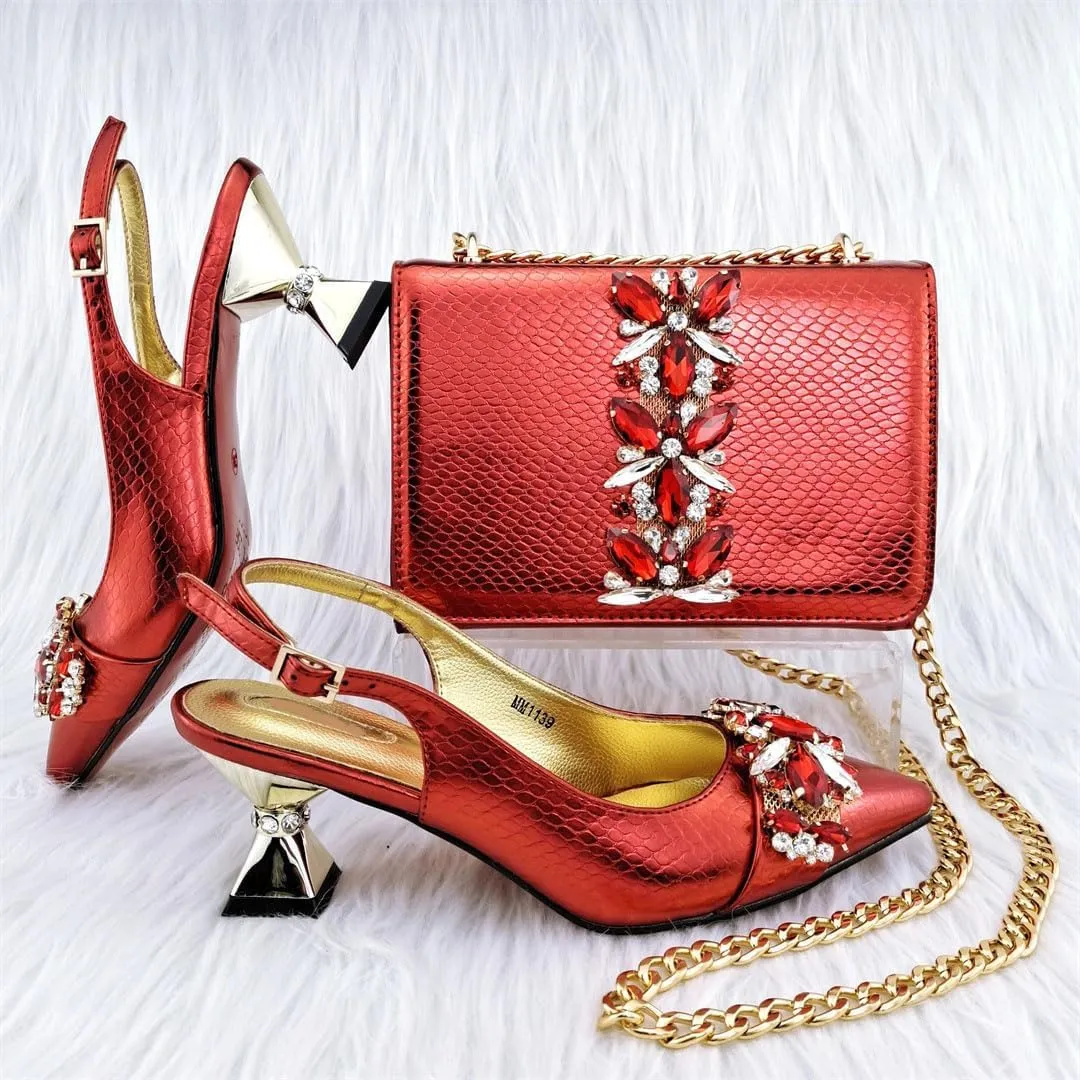 Floral Rhinestone Italian Heels Sandals Diamond Decorative Women Shoes Bag Set