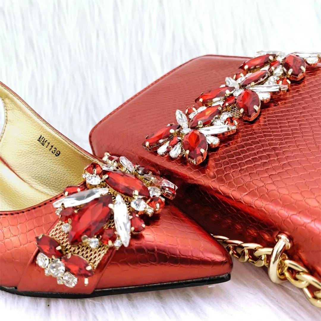 Floral Rhinestone Italian Heels Sandals Diamond Decorative Women Shoes Bag Set