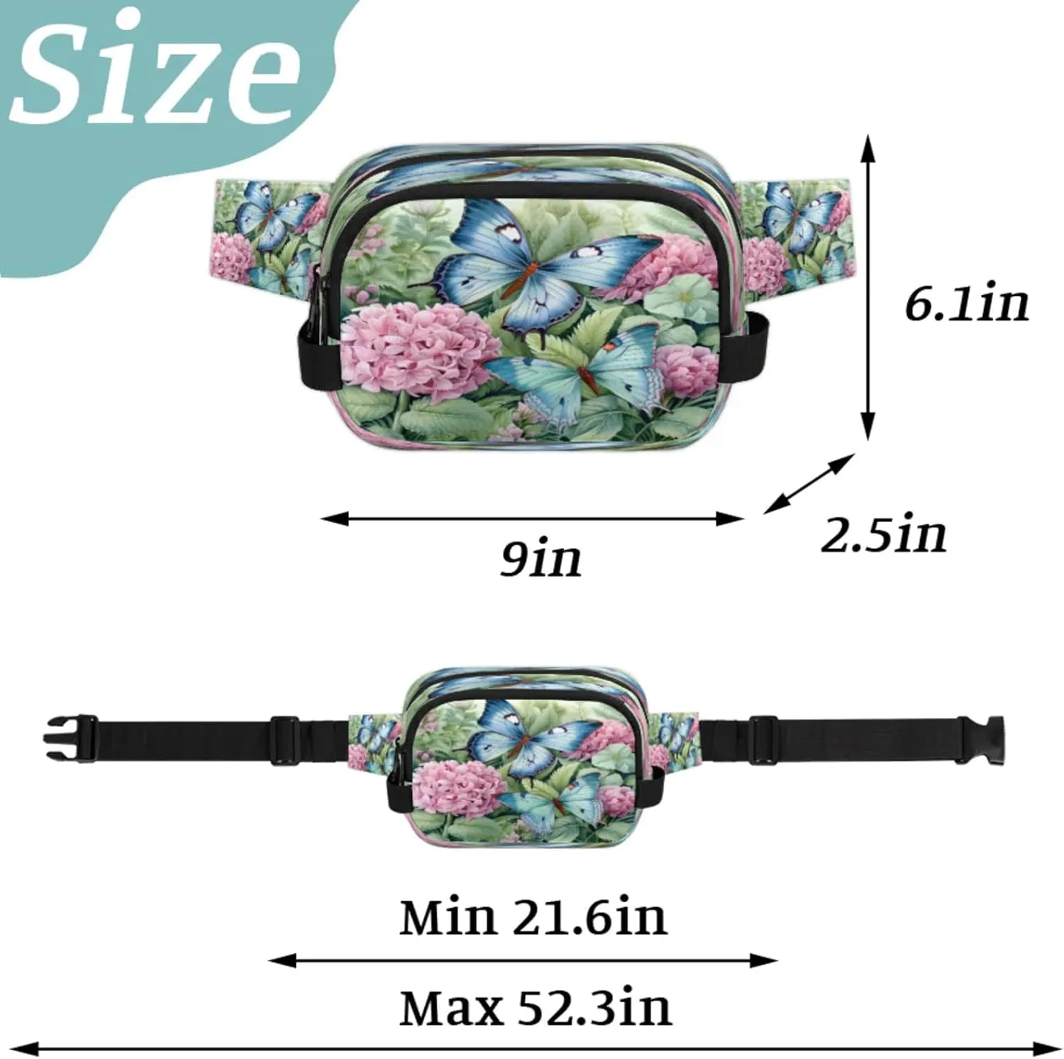 Fluttering Garden Waterproof Unisex Square Fanny Pack, Adjustable Waist Bag with Pockets, Sturdy Lightweight Crossbody Bag for Travel, Running, Hiking (9x6.1x2.5 Inches)