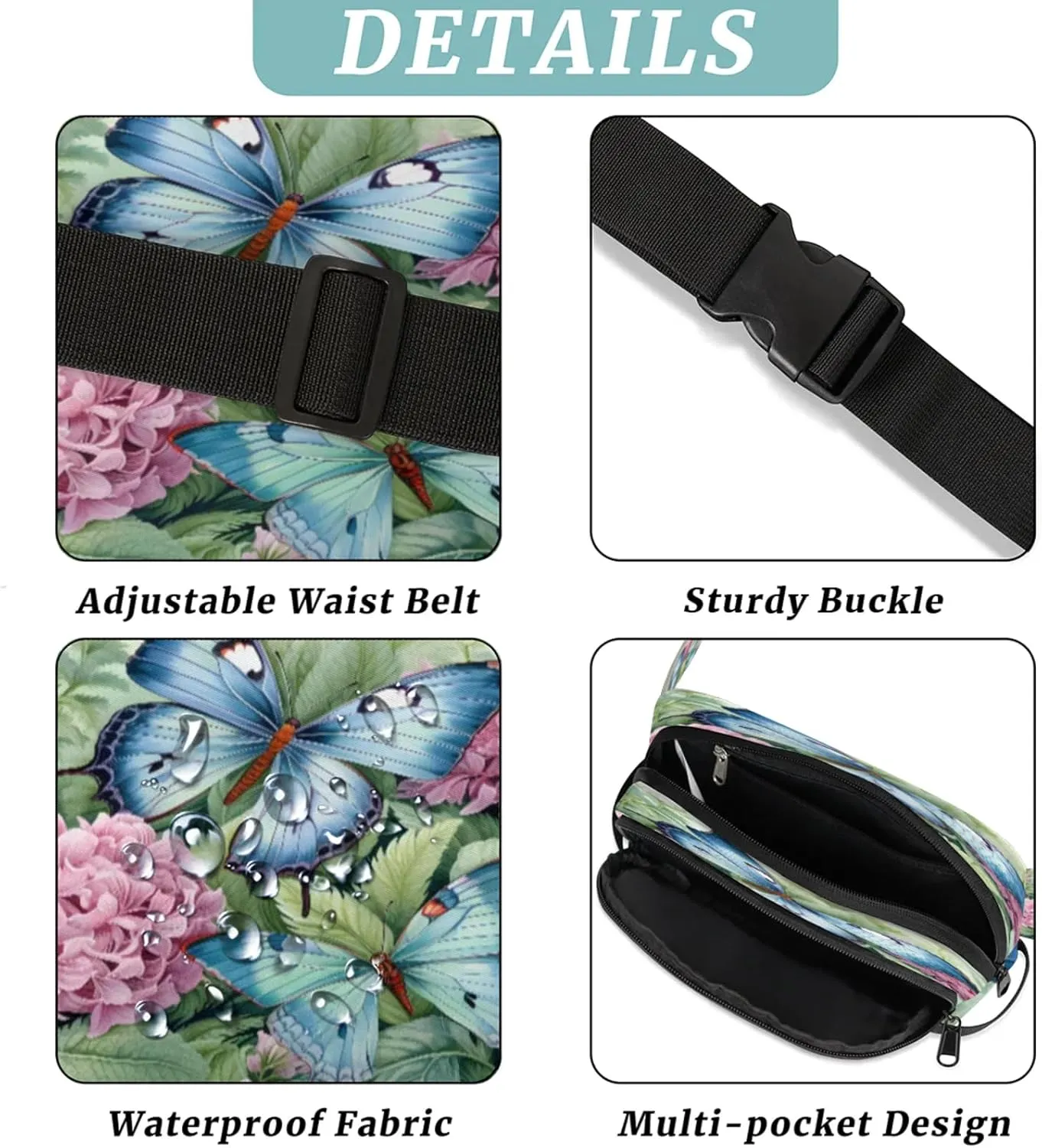 Fluttering Garden Waterproof Unisex Square Fanny Pack, Adjustable Waist Bag with Pockets, Sturdy Lightweight Crossbody Bag for Travel, Running, Hiking (9x6.1x2.5 Inches)
