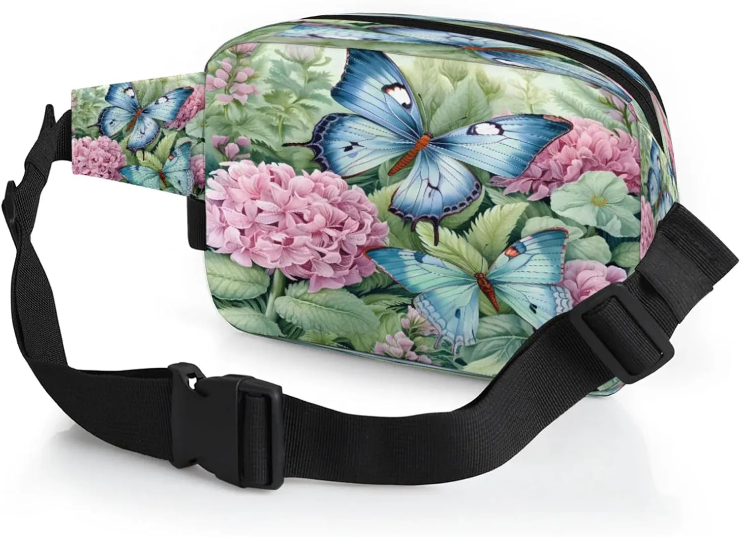 Fluttering Garden Waterproof Unisex Square Fanny Pack, Adjustable Waist Bag with Pockets, Sturdy Lightweight Crossbody Bag for Travel, Running, Hiking (9x6.1x2.5 Inches)