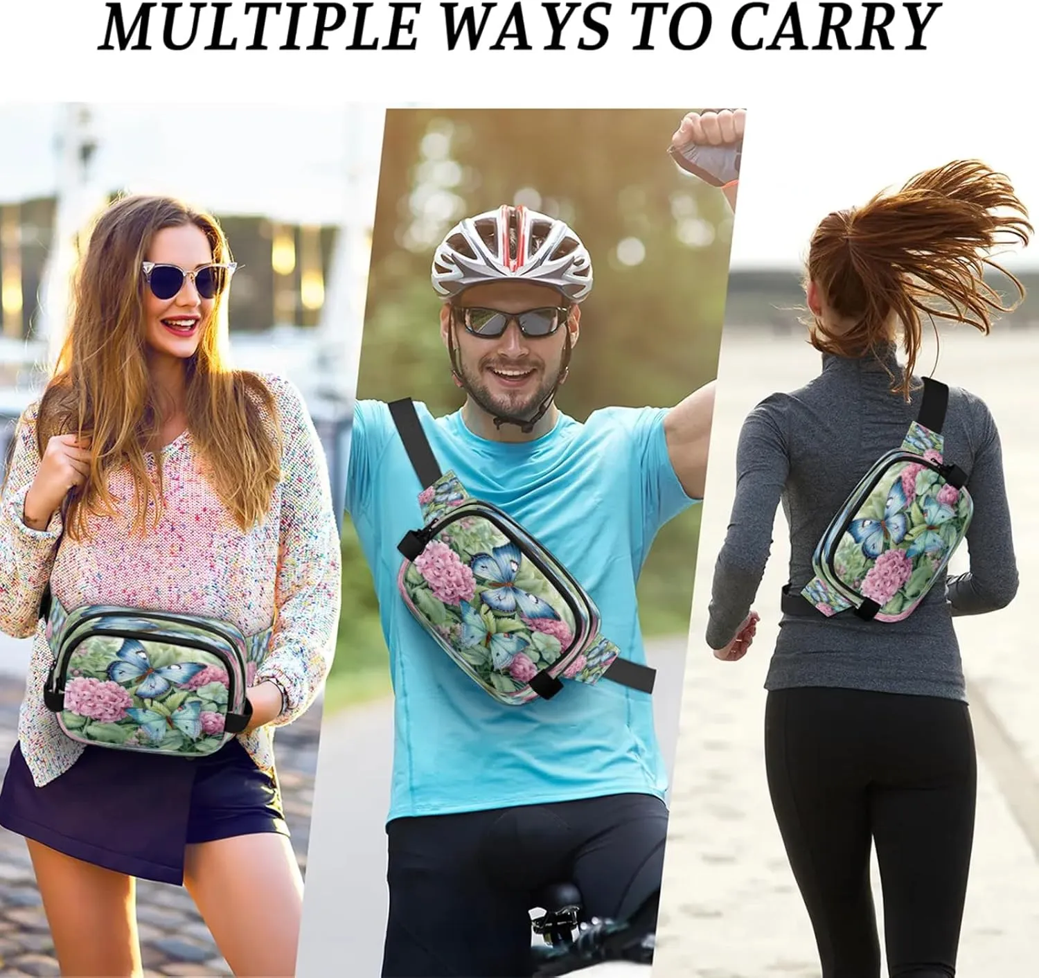 Fluttering Garden Waterproof Unisex Square Fanny Pack, Adjustable Waist Bag with Pockets, Sturdy Lightweight Crossbody Bag for Travel, Running, Hiking (9x6.1x2.5 Inches)