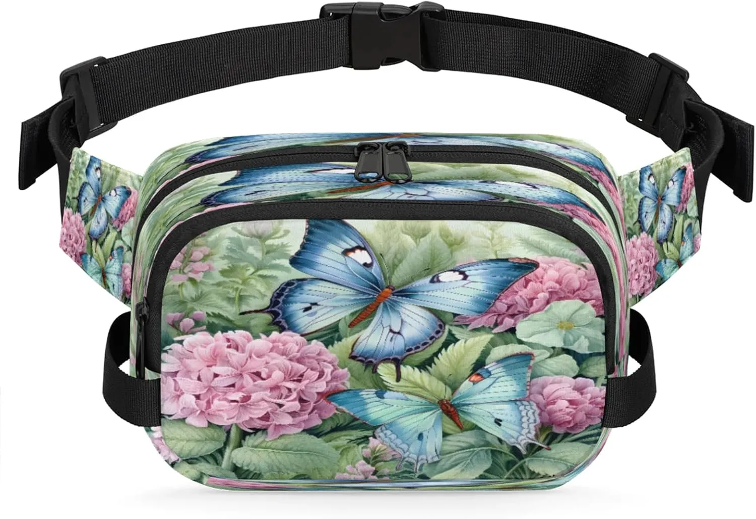 Fluttering Garden Waterproof Unisex Square Fanny Pack, Adjustable Waist Bag with Pockets, Sturdy Lightweight Crossbody Bag for Travel, Running, Hiking (9x6.1x2.5 Inches)