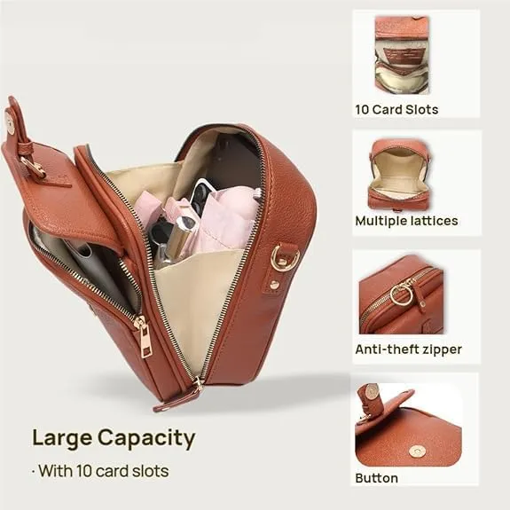 Forcipower Crossbody Leather Bag, Small Urvashi Purse with Card Slots, Vintage Double Layer Anti Theft Purse