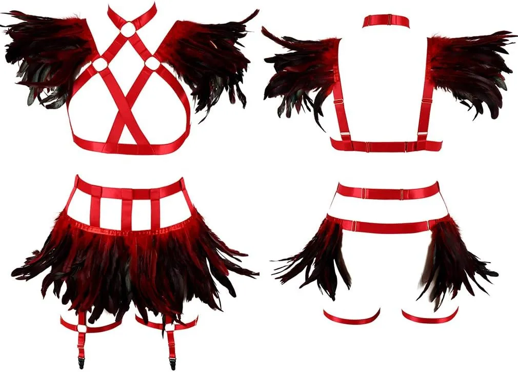 Full Body Harness for Women Feathers Epaulets Lingerie cage Set Gothic Punk Garter Belt Halloween Burning Man