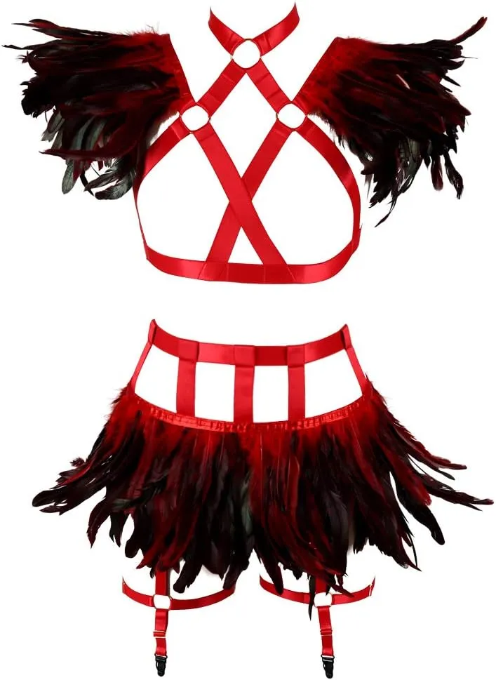 Full Body Harness for Women Feathers Epaulets Lingerie cage Set Gothic Punk Garter Belt Halloween Burning Man