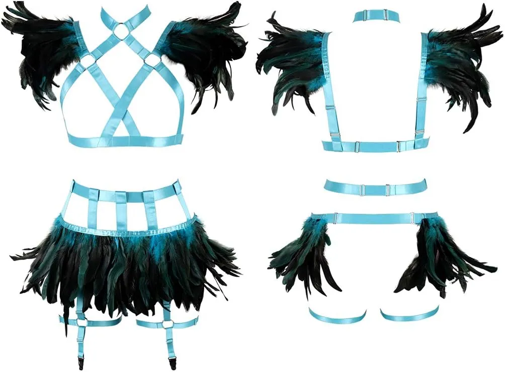 Full Body Harness for Women Feathers Epaulets Lingerie cage Set Gothic Punk Garter Belt Halloween Burning Man