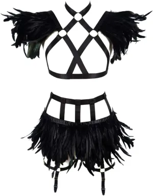Full Body Harness for Women Feathers Epaulets Lingerie cage Set Gothic Punk Garter Belt Halloween Burning Man