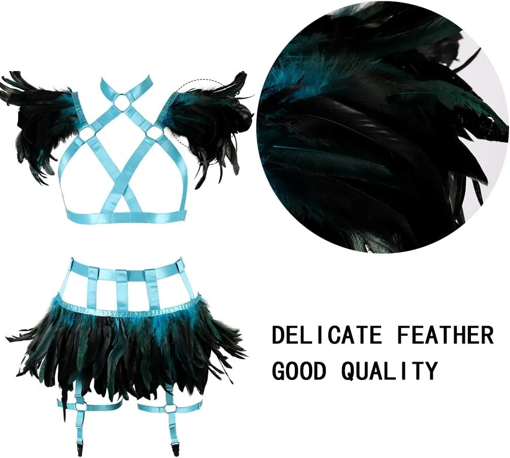 Full Body Harness for Women Feathers Epaulets Lingerie cage Set Gothic Punk Garter Belt Halloween Burning Man