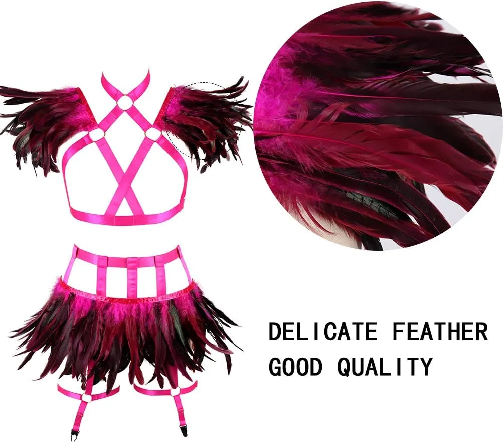 Full Body Harness for Women Feathers Epaulets Lingerie cage Set Gothic Punk Garter Belt Halloween Burning Man