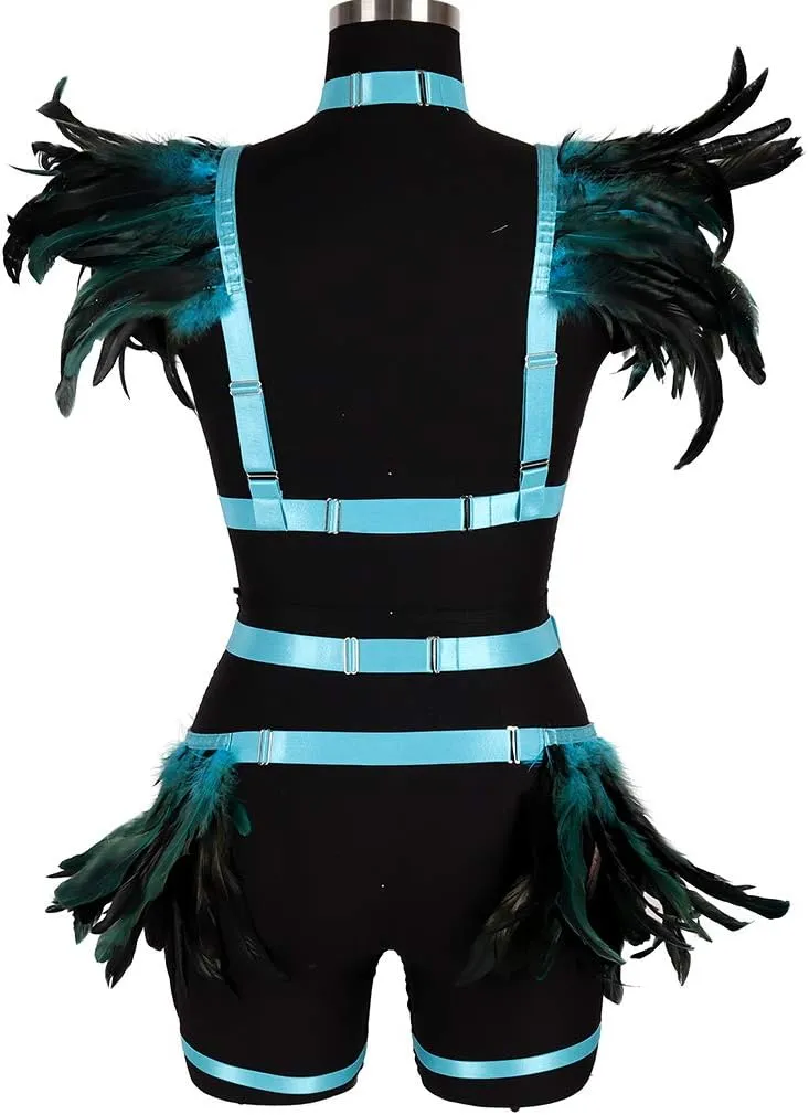 Full Body Harness for Women Feathers Epaulets Lingerie cage Set Gothic Punk Garter Belt Halloween Burning Man