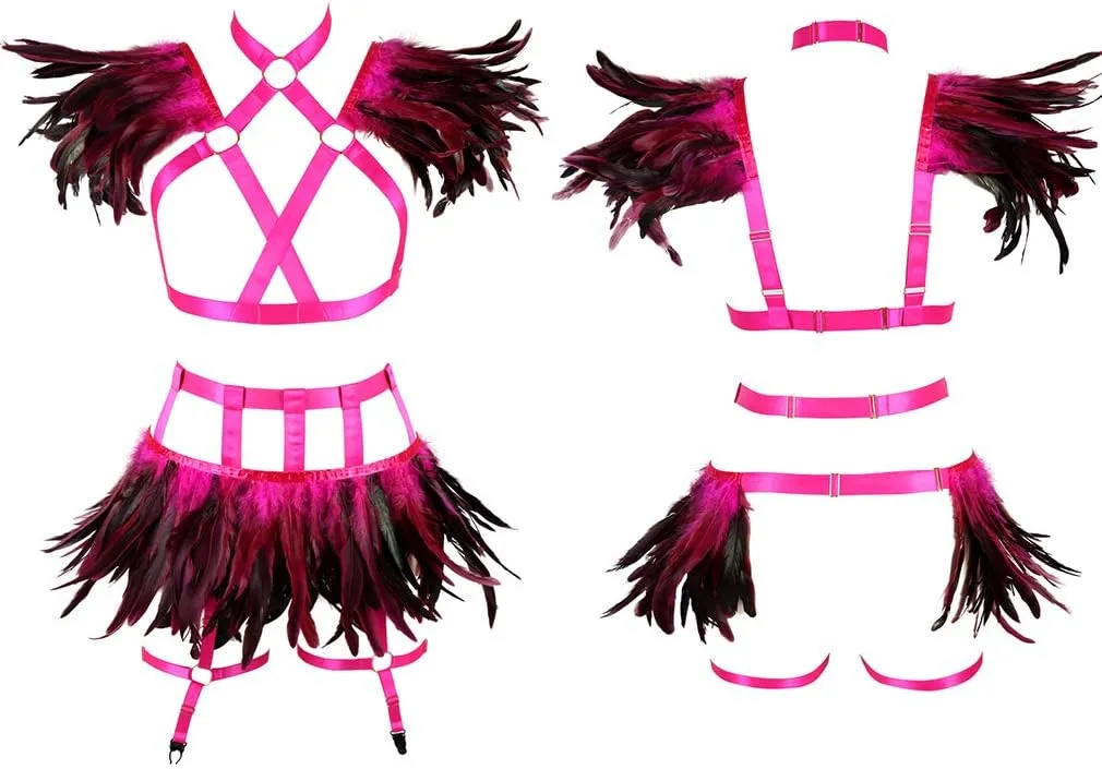 Full Body Harness for Women Feathers Epaulets Lingerie cage Set Gothic Punk Garter Belt Halloween Burning Man