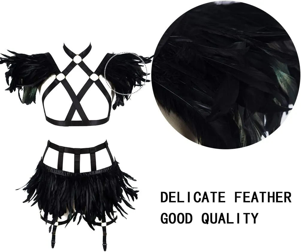 Full Body Harness for Women Feathers Epaulets Lingerie cage Set Gothic Punk Garter Belt Halloween Burning Man
