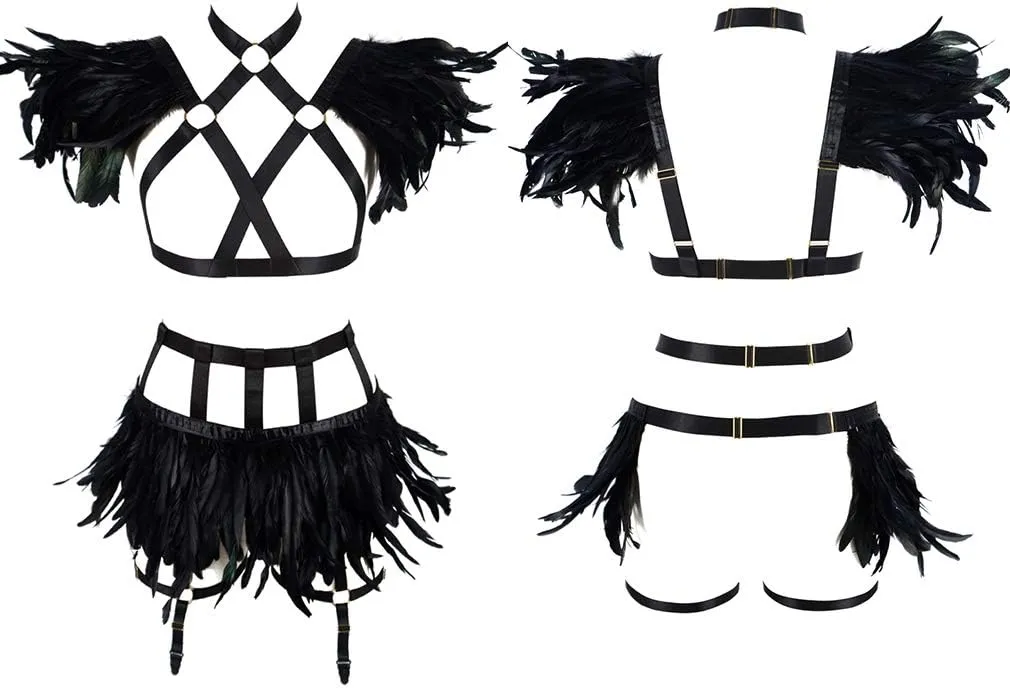 Full Body Harness for Women Feathers Epaulets Lingerie cage Set Gothic Punk Garter Belt Halloween Burning Man
