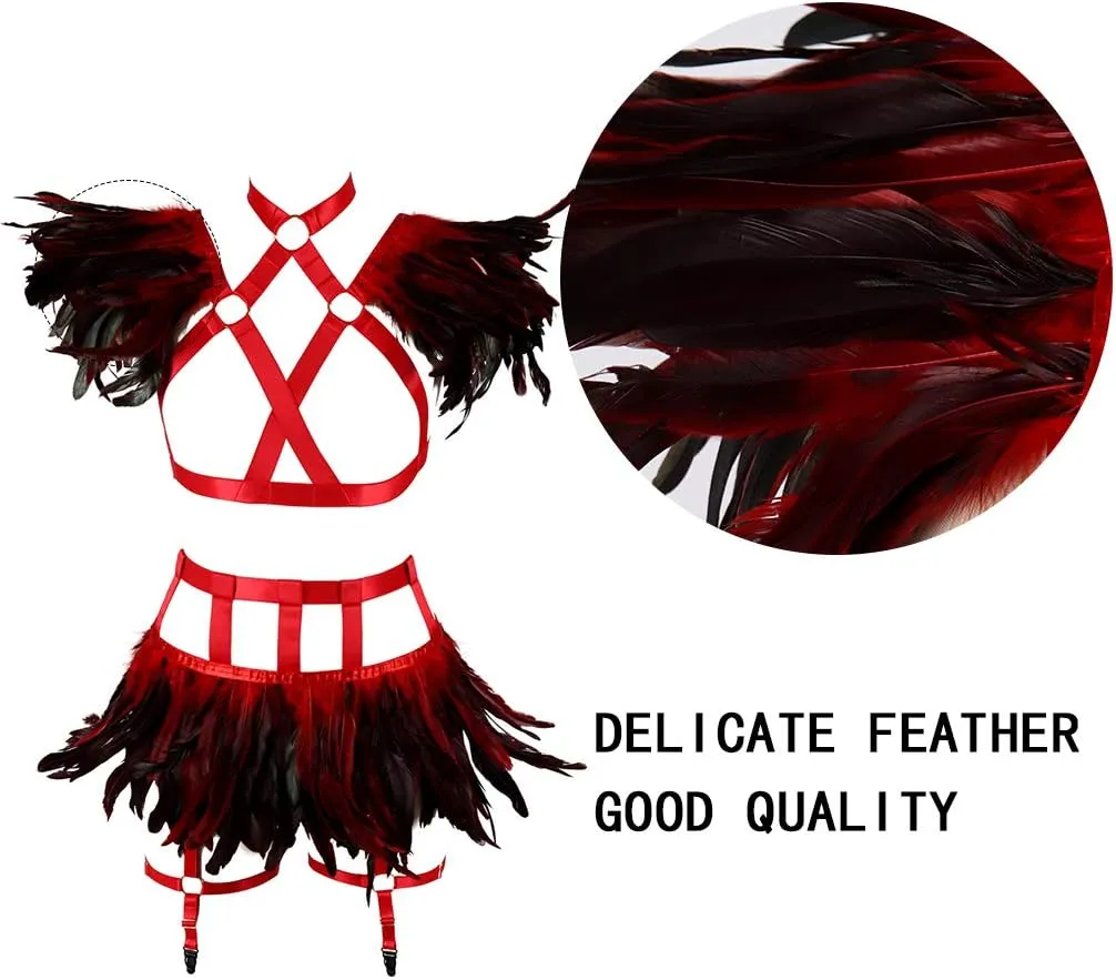 Full Body Harness for Women Feathers Epaulets Lingerie cage Set Gothic Punk Garter Belt Halloween Burning Man