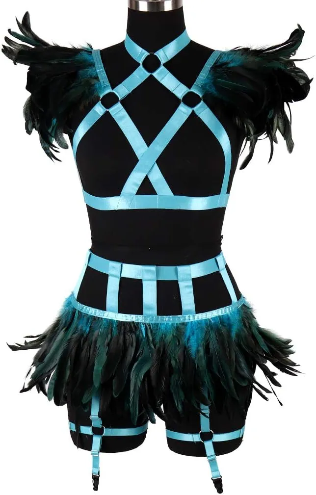 Full Body Harness for Women Feathers Epaulets Lingerie cage Set Gothic Punk Garter Belt Halloween Burning Man