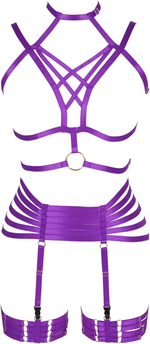 Full Harness Garter Bra Set Lingerie Women Cage Punk Gothic Belt Festival Rave Plus Size Dance Photography Clothing