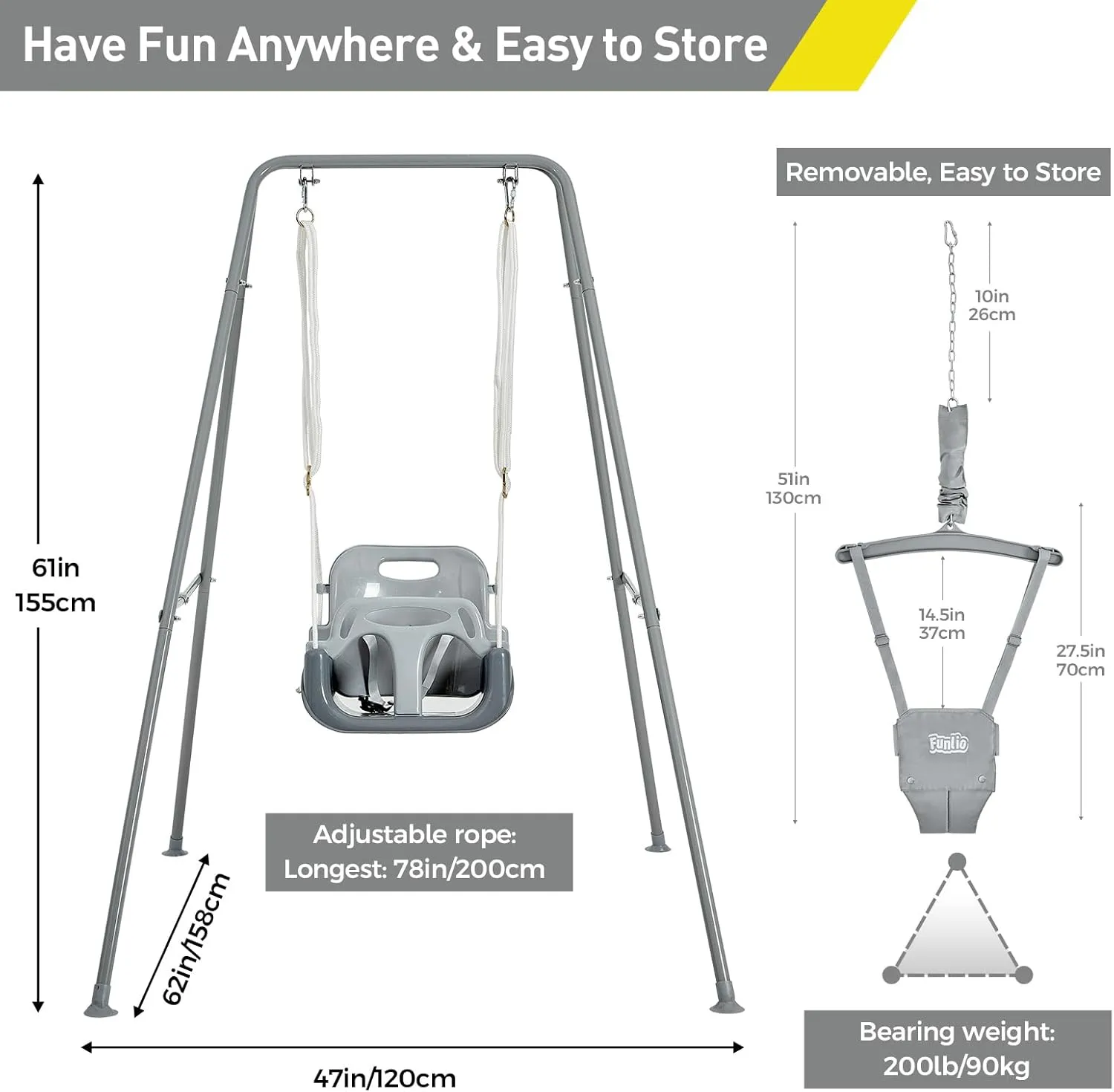 FUNLIO 2 in 1 Swing Set for Toddler & Baby Jumper, Heavy Duty Kids Swing & Bouncer with 4 Sandbags, Foldable Metal Stand for Indoor/Outdoor Play, Easy to Assemble and Store - Grey