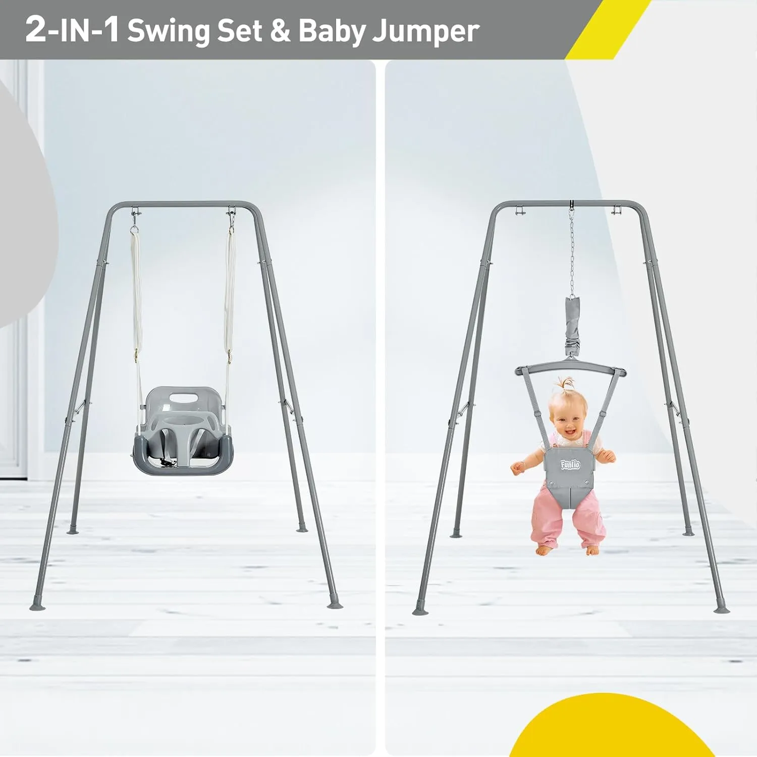 FUNLIO 2 in 1 Swing Set for Toddler & Baby Jumper, Heavy Duty Kids Swing & Bouncer with 4 Sandbags, Foldable Metal Stand for Indoor/Outdoor Play, Easy to Assemble and Store - Grey
