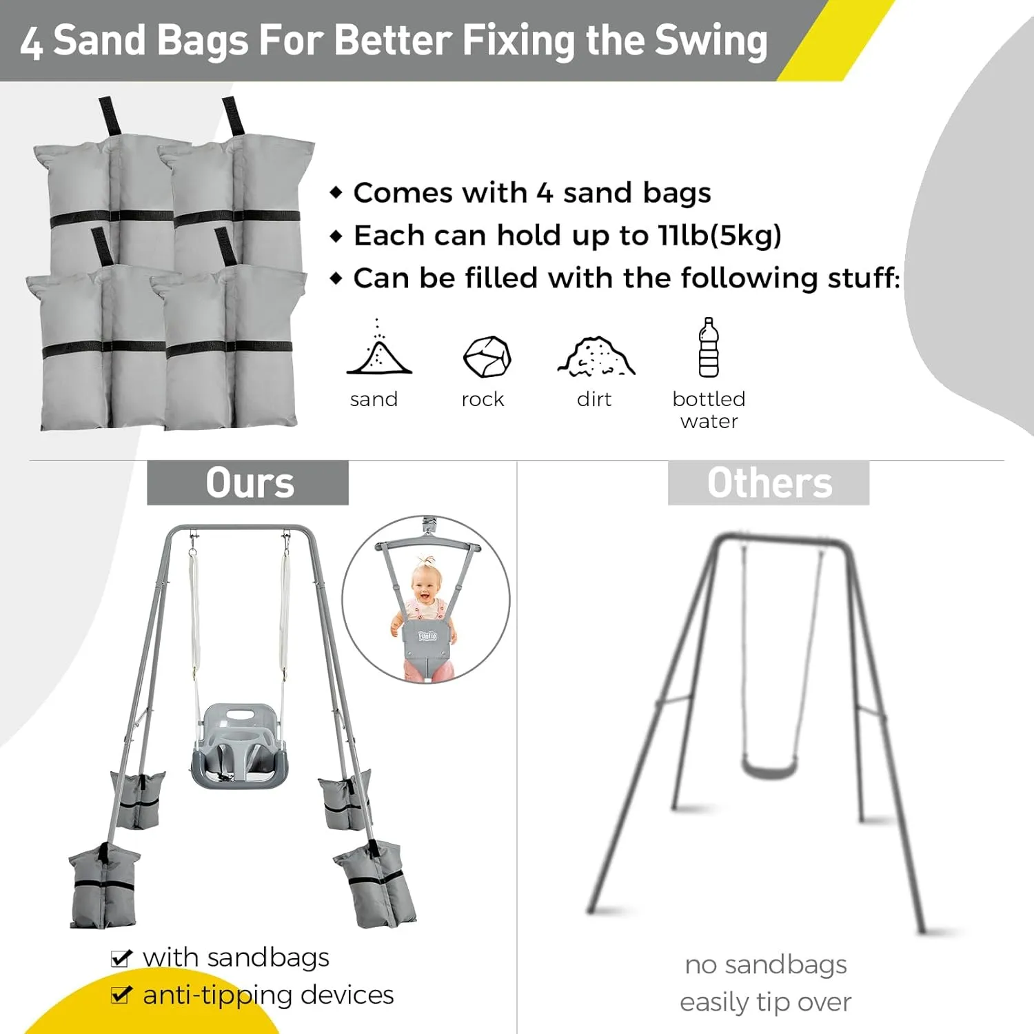 FUNLIO 2 in 1 Swing Set for Toddler & Baby Jumper, Heavy Duty Kids Swing & Bouncer with 4 Sandbags, Foldable Metal Stand for Indoor/Outdoor Play, Easy to Assemble and Store - Grey