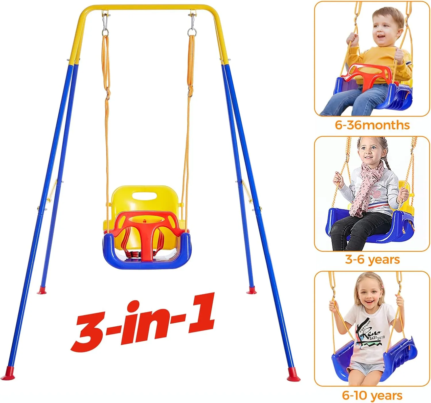 FUNLIO 3-in-1 Toddler Swing Set with 4 Sandbags, Indoor/Outdoor Baby Swing with Foldable Metal Stand, Kids Swing Set for Backyard, Clear Instructions, Easy to Assemble & Store