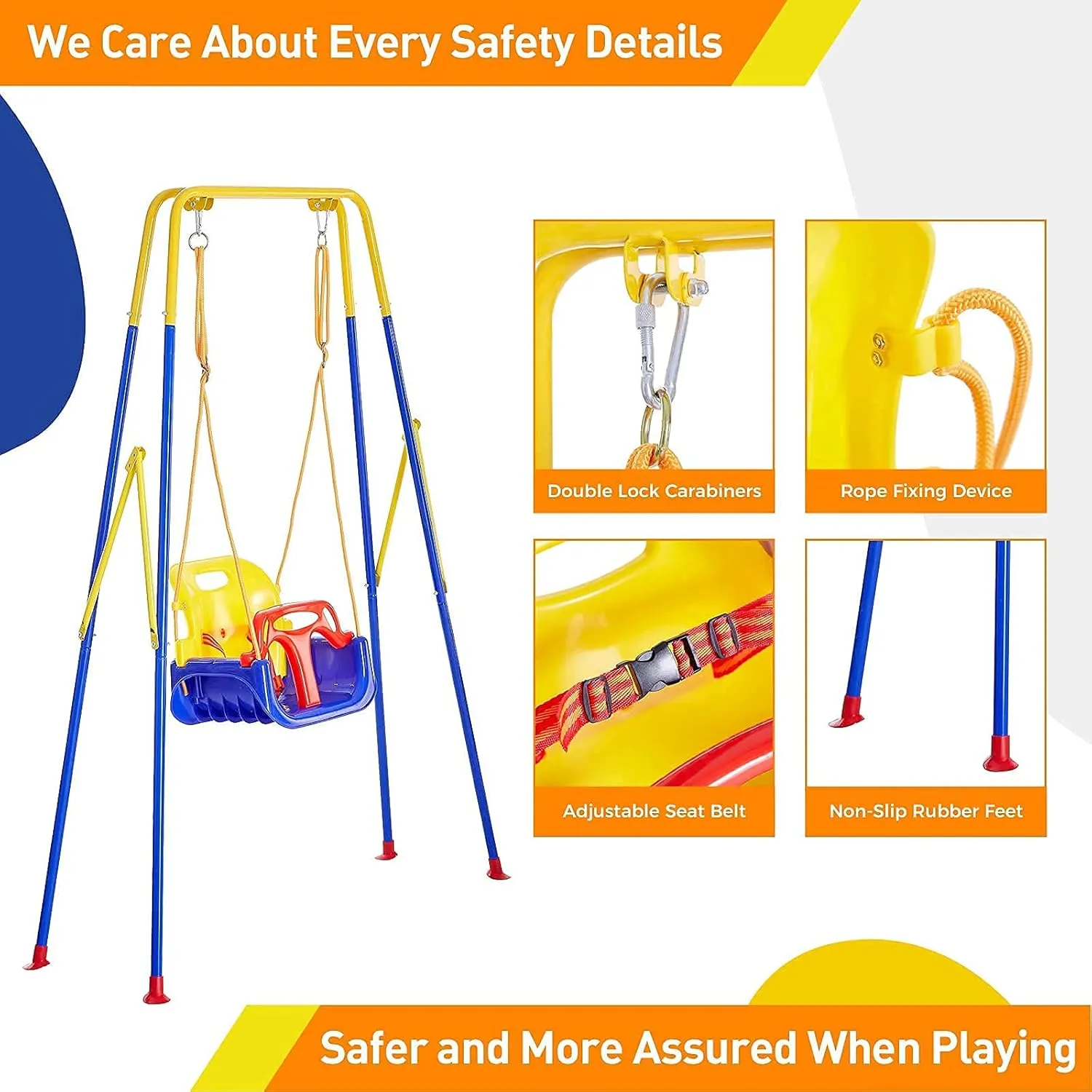 FUNLIO 3-in-1 Toddler Swing Set with 4 Sandbags, Indoor/Outdoor Baby Swing with Foldable Metal Stand, Kids Swing Set for Backyard, Clear Instructions, Easy to Assemble & Store