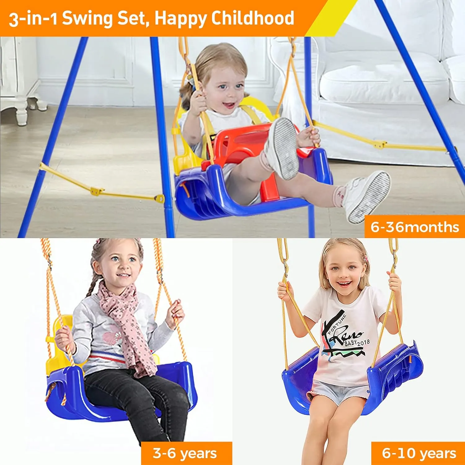 FUNLIO 3-in-1 Toddler Swing Set with 4 Sandbags, Indoor/Outdoor Baby Swing with Foldable Metal Stand, Kids Swing Set for Backyard, Clear Instructions, Easy to Assemble & Store