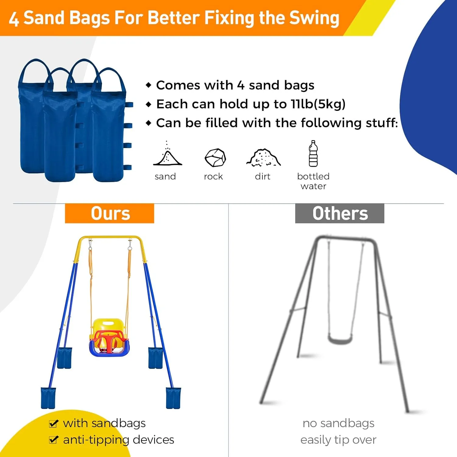 FUNLIO 3-in-1 Toddler Swing Set with 4 Sandbags, Indoor/Outdoor Baby Swing with Foldable Metal Stand, Kids Swing Set for Backyard, Clear Instructions, Easy to Assemble & Store