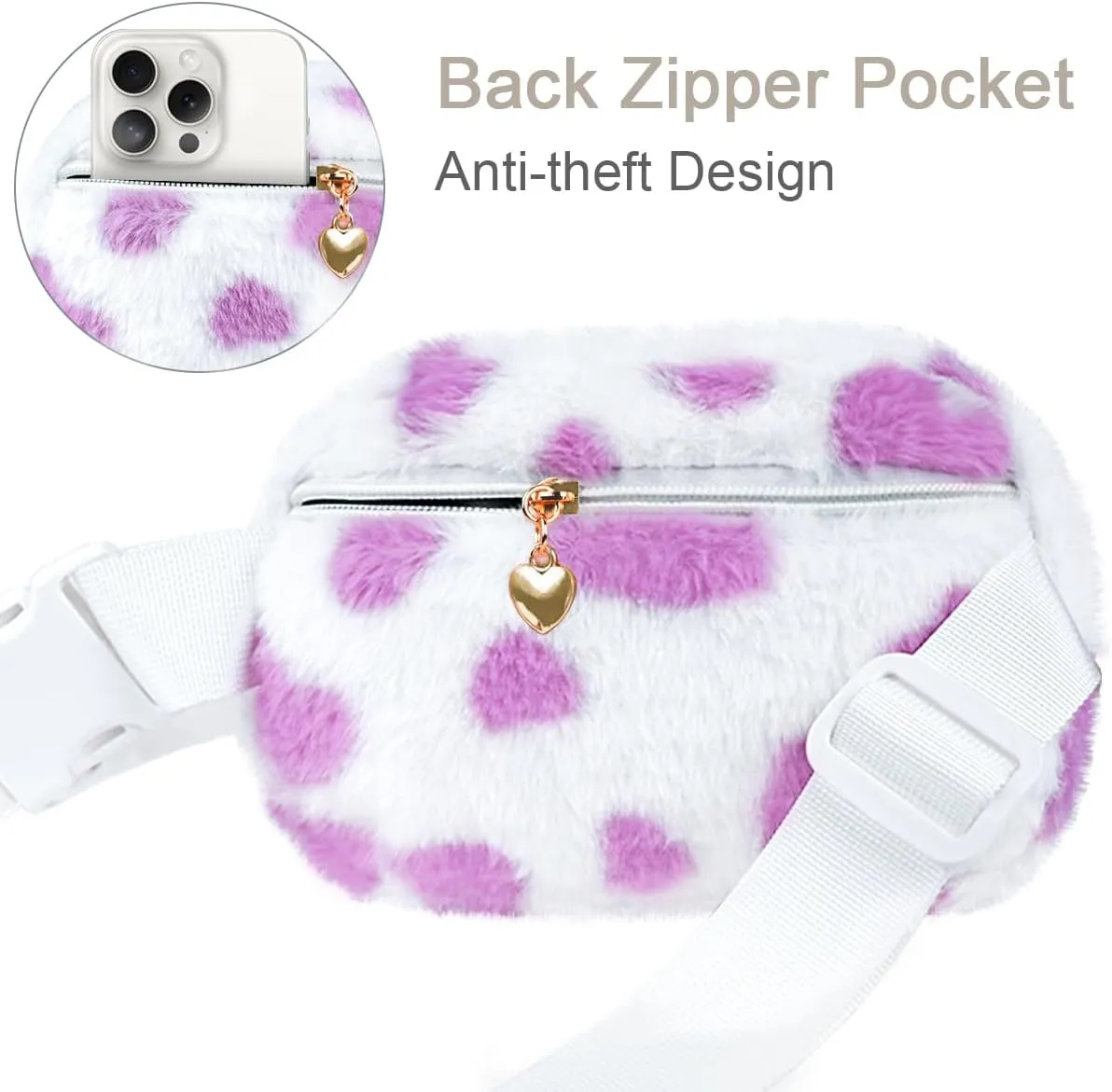 Fuzzy Belt Bag Waist Fanny Pack for Girls Cute Lovely Heart Waist Packs Crossbody Bags for Women Trendy Teen Girl Kids Daughter Sister Her Preppy Girly Stuff Fuzzy Plush Waist Pack Bag, Purple