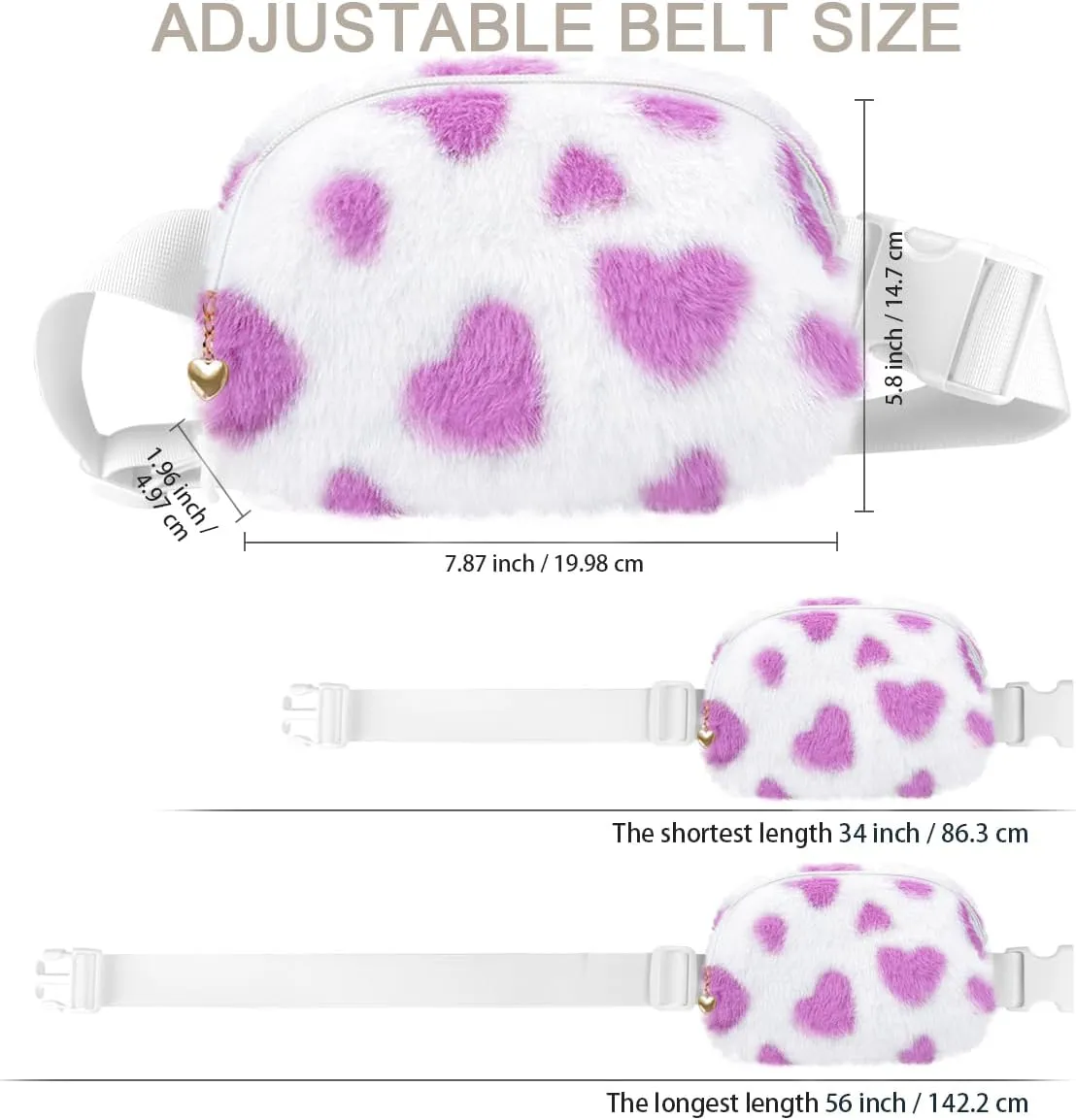 Fuzzy Belt Bag Waist Fanny Pack for Girls Cute Lovely Heart Waist Packs Crossbody Bags for Women Trendy Teen Girl Kids Daughter Sister Her Preppy Girly Stuff Fuzzy Plush Waist Pack Bag, Purple